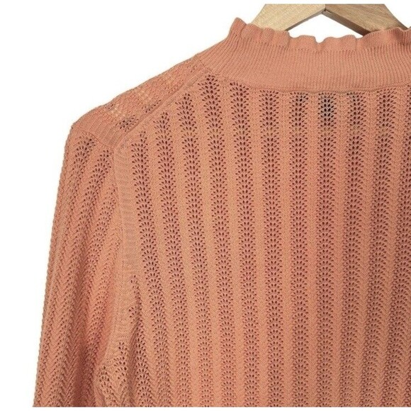 J Crew Women Ruffle Sweater M Peach Sheer Preppy Pastel Pointelle 100% Cotton - Picture 7 of 12